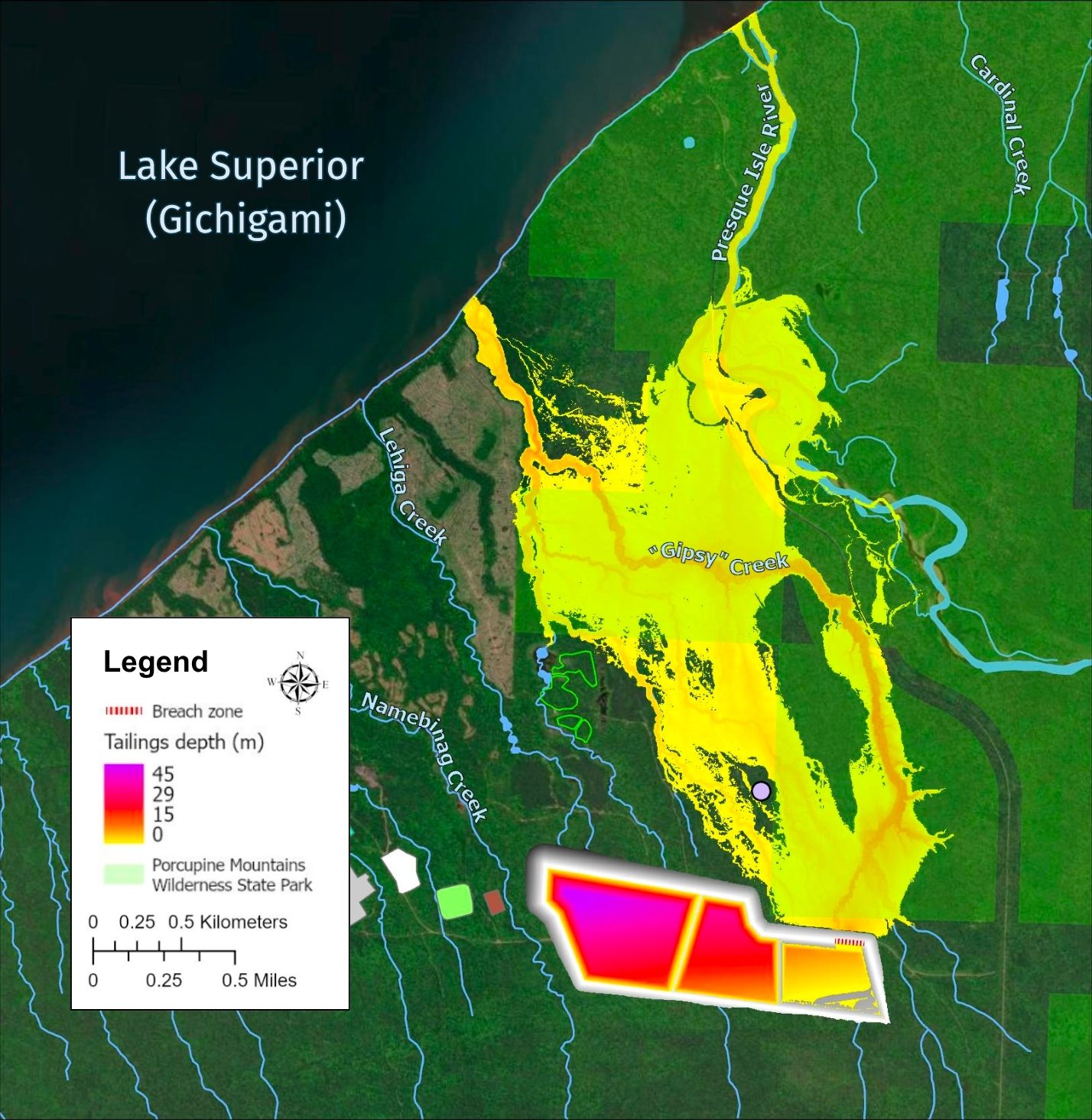 This model from the Great Lakes Indian Fish and Wildlife Commission shows the path of tailings flow and depth if just the eastern portion of the dam was to fail. Mine waste would reach the Presque Isle River and Gypsy Creek in minutes, to be followed by Lake Superior. 